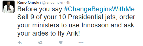 Reno Omokri advises Buhari to Sell 9 out of 10 Presidential Jet Before Saying #ChangeBeginsWithMe