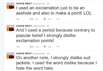 Kanye West talks about exclamation marks, periods and suit jackets