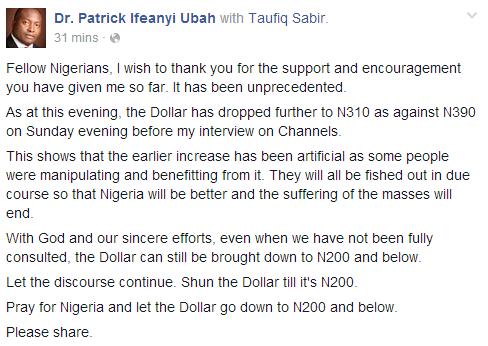 Ifeanyi Ubah reports that Naira has appreciated over the Dollar and now exchanged for N310