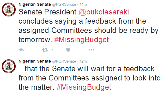 Nigerian Senate to Address the issue of #MissingBudget tomorrow