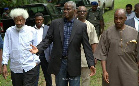 Nobel Laureate Wole Soyinka receives former Governors Amaechi and Fashola