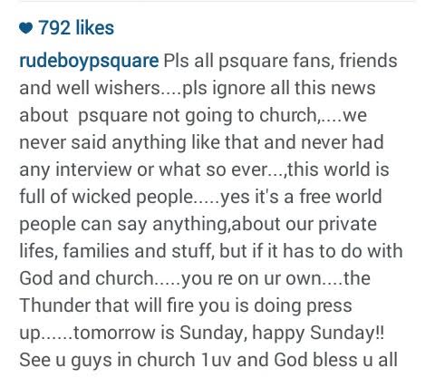 PSquare comes for rumour mongers who said they no longer attend church