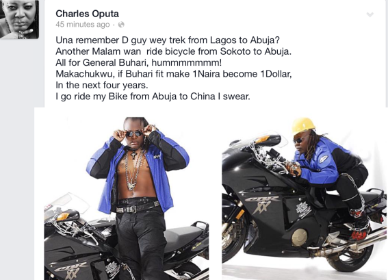 Charly Boy ready to ride from Abuja to China if Buhari can fulfill a campaign promise