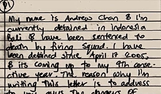 Executed Andrew Chan left a letter for Indonesian Children warning about Drugs