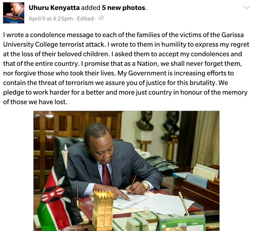 Uhuru Kenyatta personally writes to Garissa attack victims families
