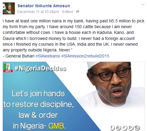 Amosun campaigns for Buhari on Facebook: I have at least one million naira and 150 cows