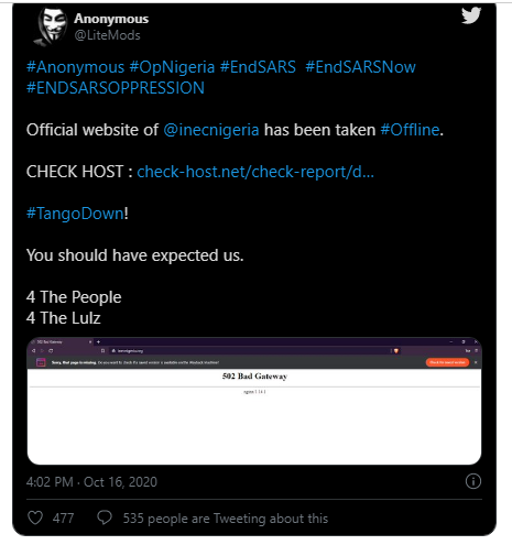 Anonymous Hacks EFCC, INEC Website
